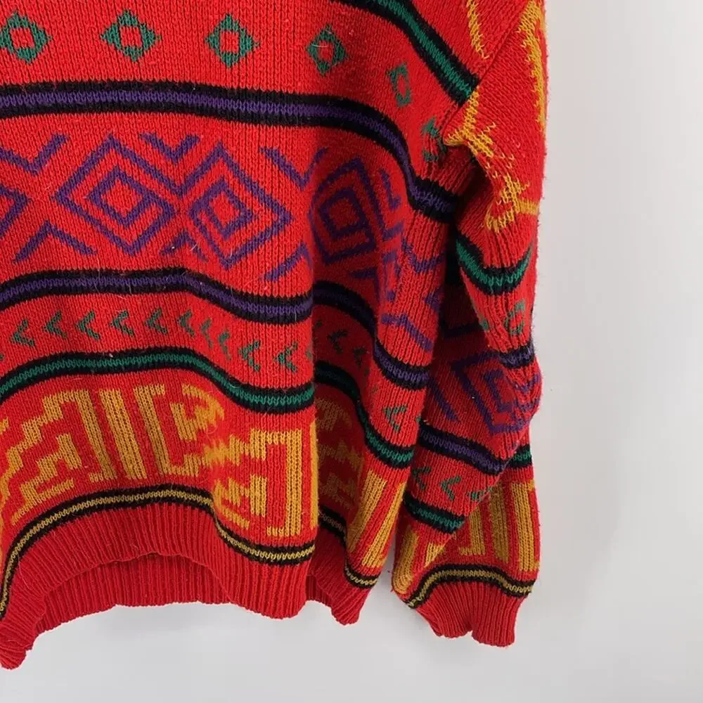 Vintage Le Tigre geometric Aztec Tribal print crewneck pullover grandpa sweater